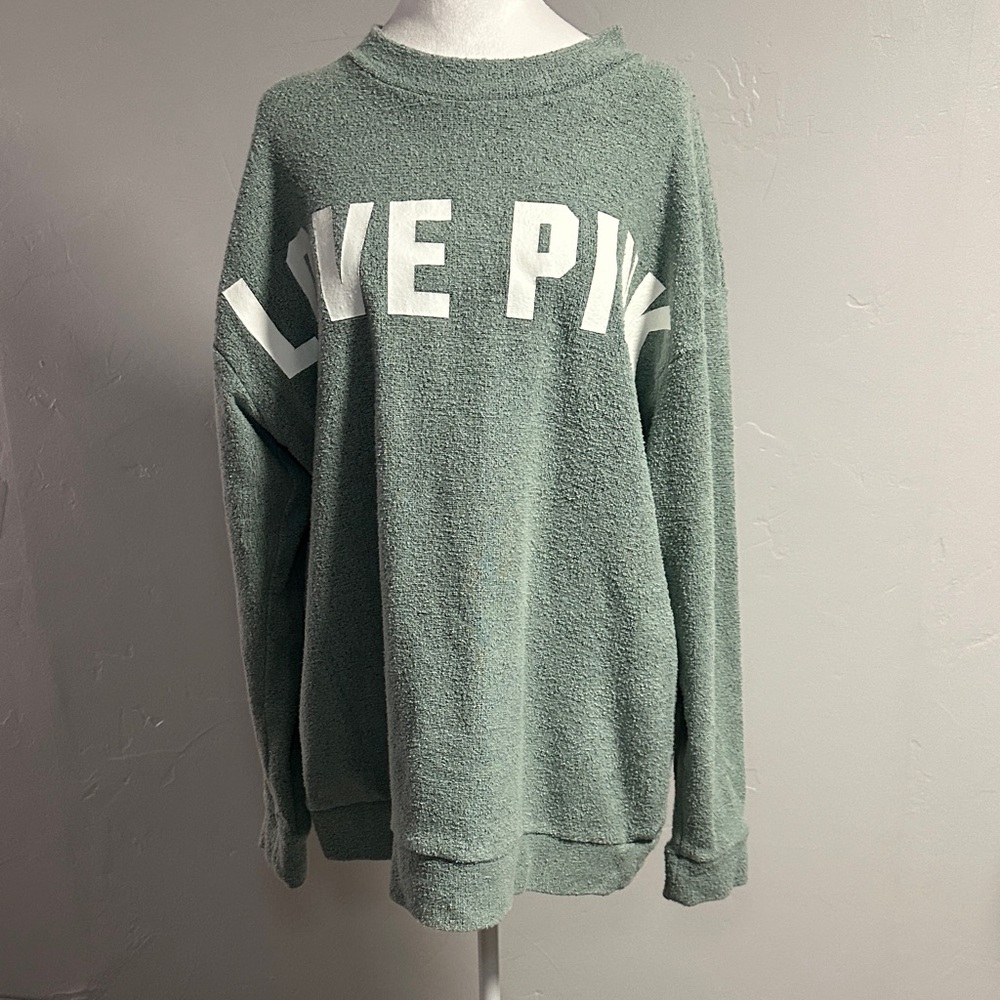PINK Victoria's Secret Sage Green Crew Neck Sweater.  Terry Cloth Material